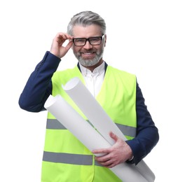 Photo of Architect in glasses holding drafts on white background