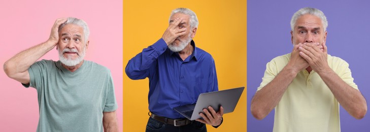 Image of Collage with photos of embarrassed senior man on different color backgrounds