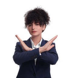 Beautiful young businesswoman in suit on white background