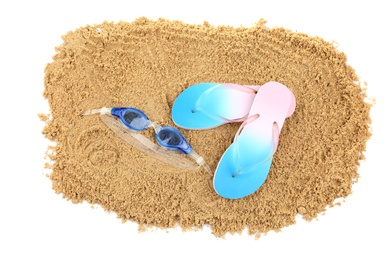 Composition with beach objects on white background, top view