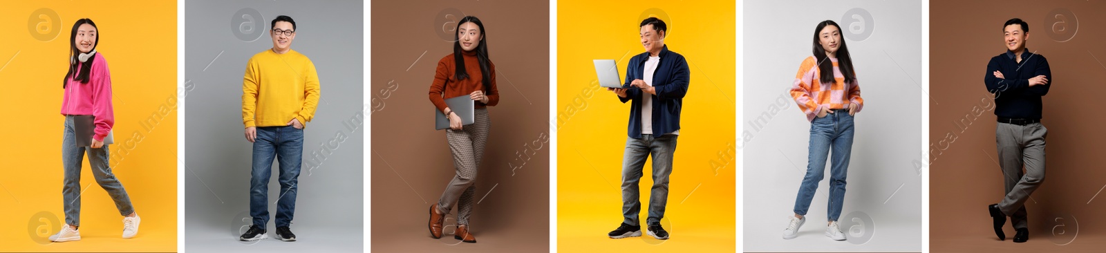 Image of Full length portraits of Asian woman and man on color backgrounds, set with photos