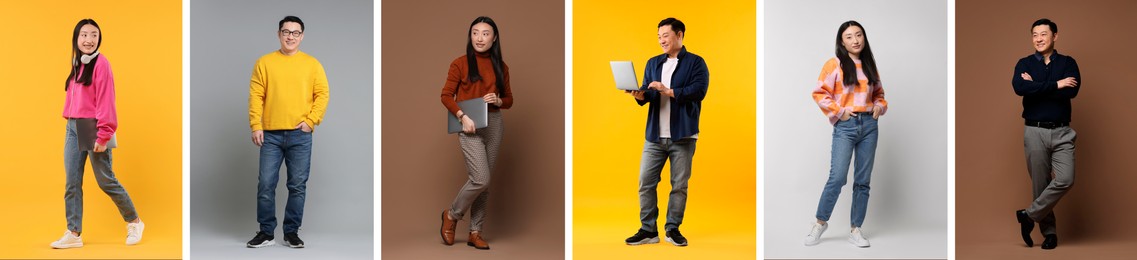 Full length portraits of Asian woman and man on color backgrounds, set with photos