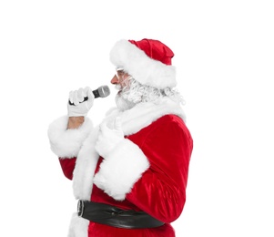 Photo of Santa Claus singing into microphone on white background. Christmas music