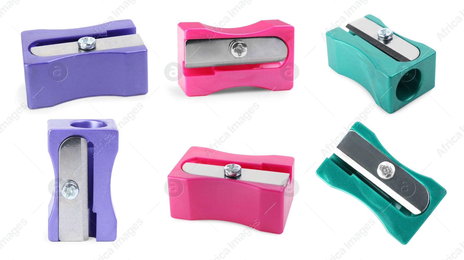 Image of Set with different pencil sharpeners on white background