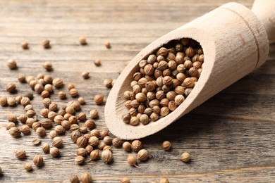 Photo of Scoop with dried coriander seeds on wooden table, closeup