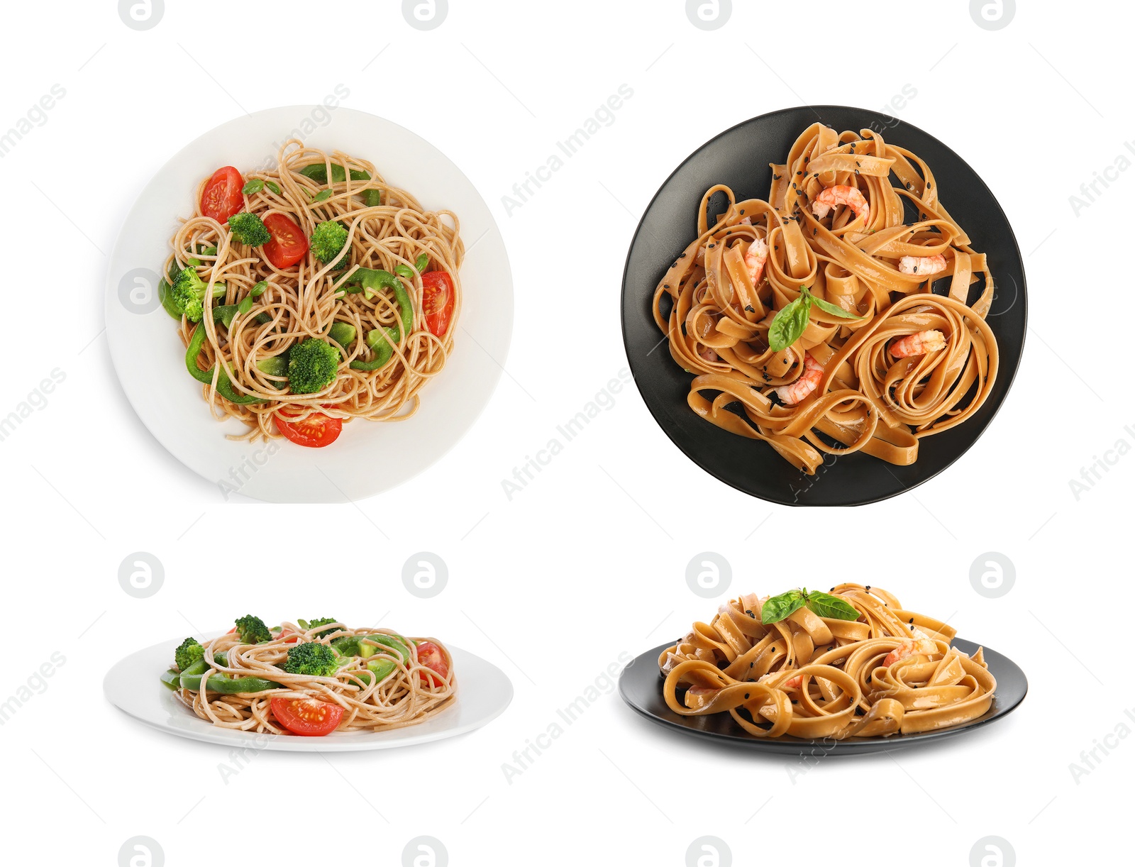 Image of Set of buckwheat noodles with different ingredients on white background