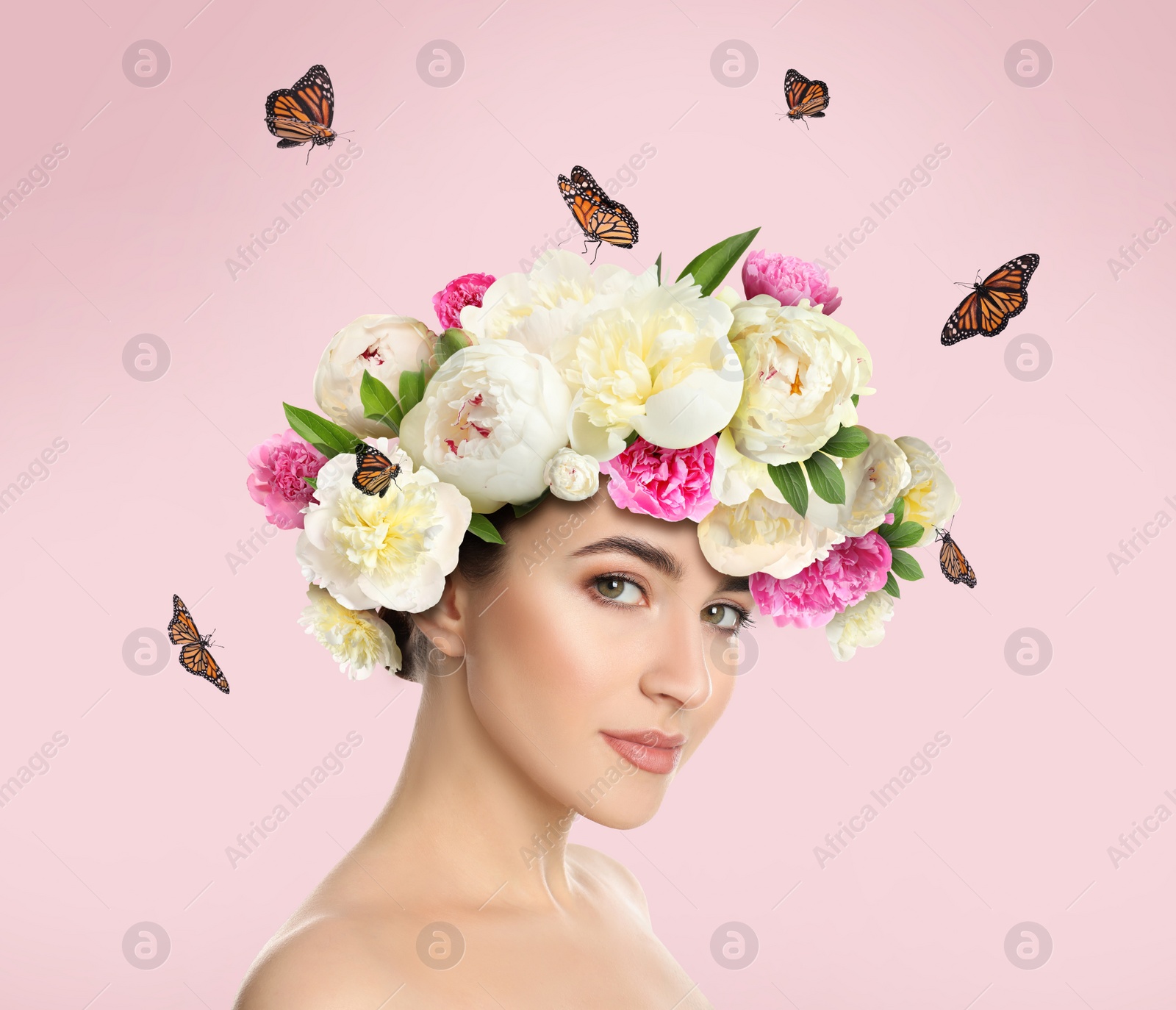 Image of Pretty woman wearing beautiful wreath made of flowers on light pink background