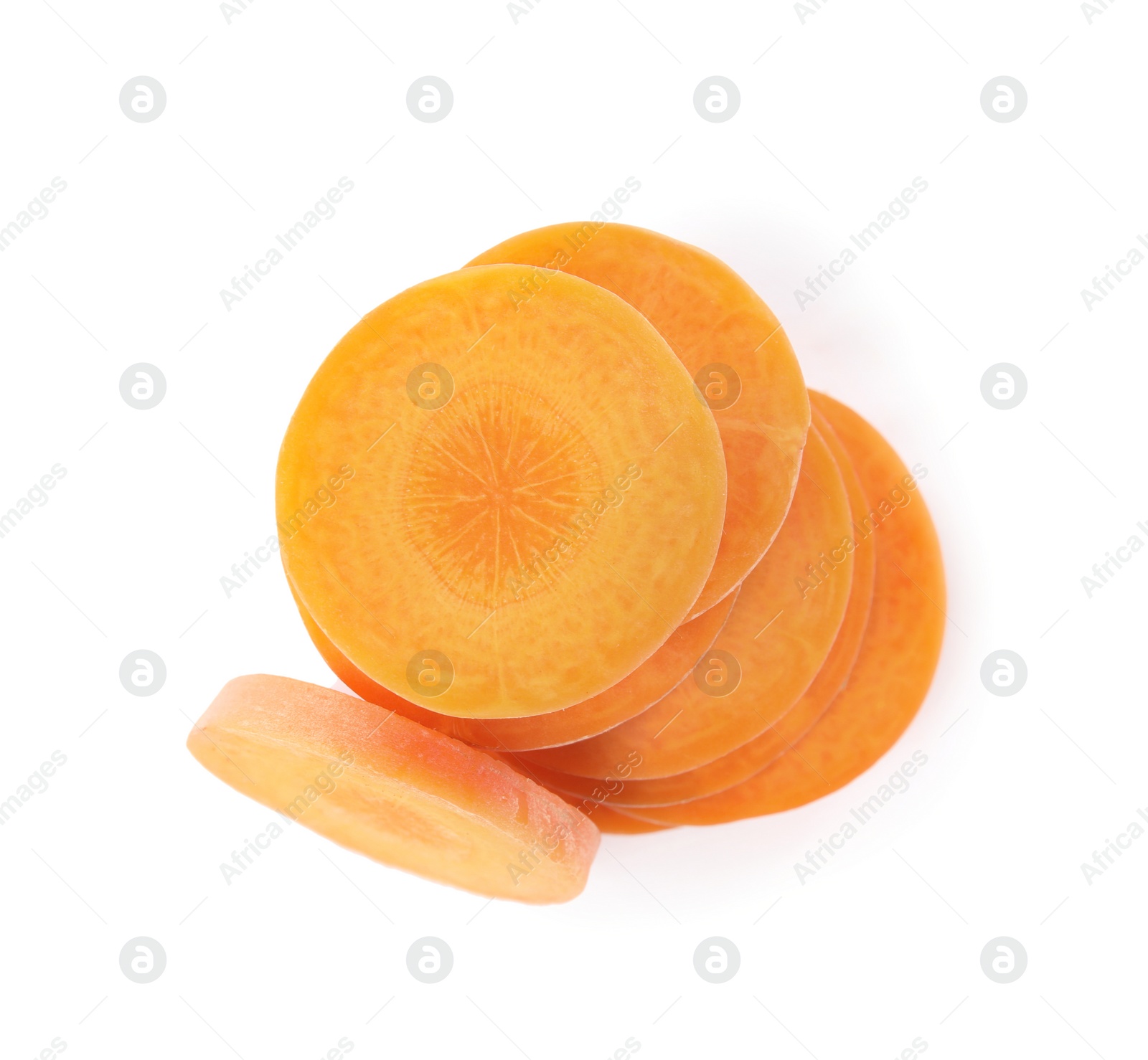 Photo of Slices of fresh ripe carrot isolated on white, top view