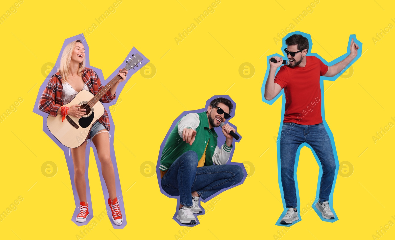 Image of Pop art poster. People singing and playing guitar on yellow background. Banner design