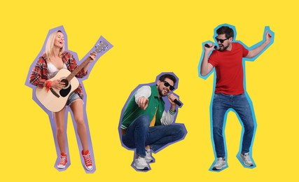 Pop art poster. People singing and playing guitar on yellow background. Banner design