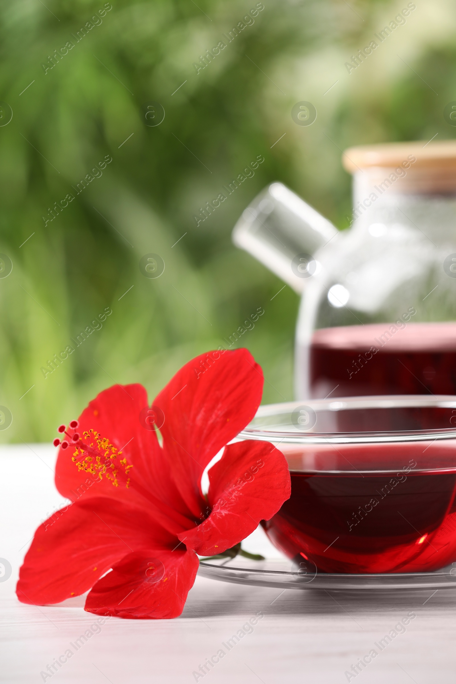 Photo of Delicious hibiscus tea and beautiful flower on white wooden table outdoors, closeup