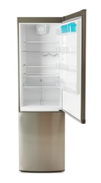 Modern refrigerator with open door on white background