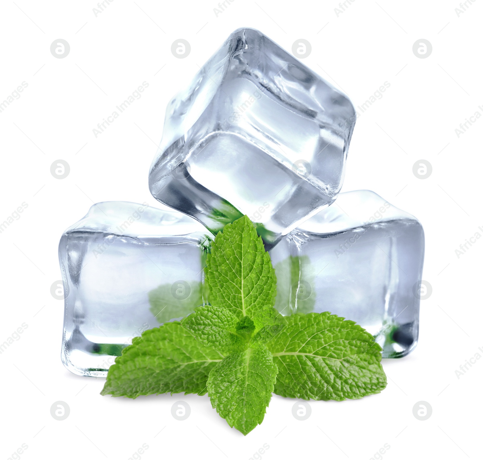 Image of Green mint and ice cubes isolated on white