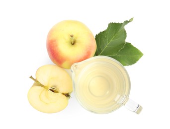 Photo of Natural apple vinegar and fresh fruits on white background, top view