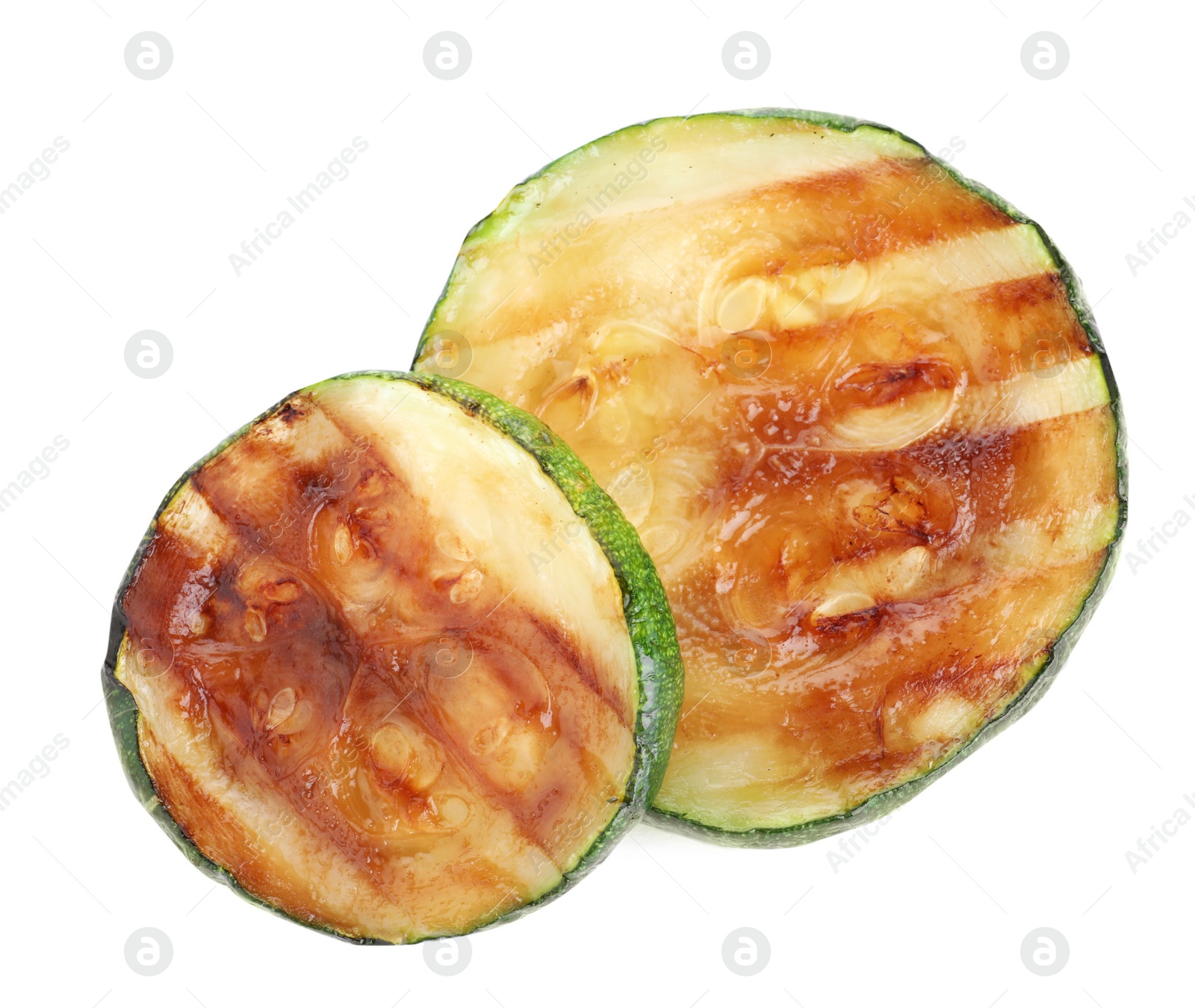 Photo of Delicious grilled zucchini slices on white background, top view