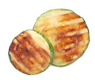 Delicious grilled zucchini slices on white background, top view