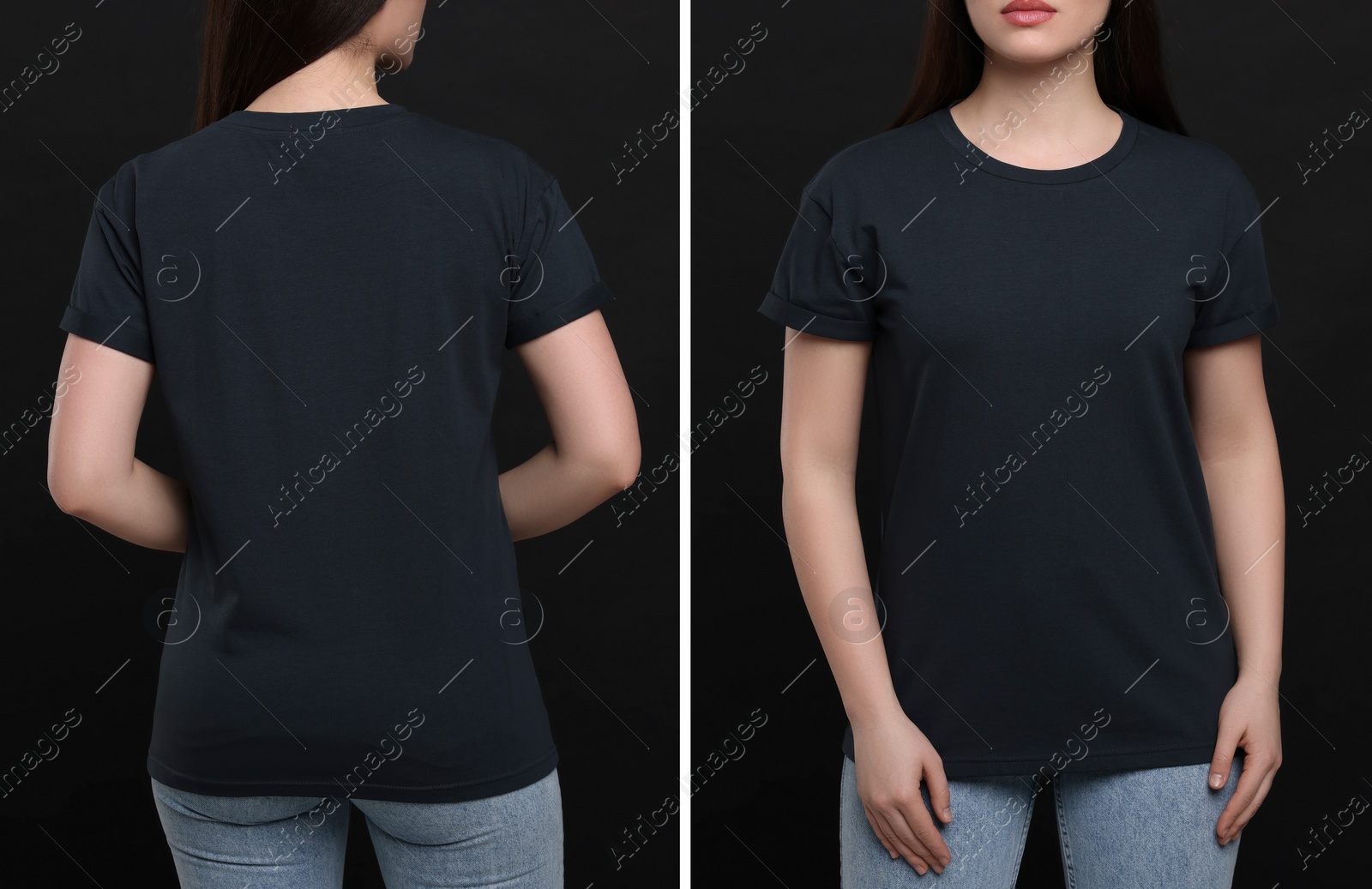 Image of Woman wearing black t-shirt on dark background, back and front view. Mockup for design