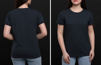 Image of Woman wearing black t-shirt on dark background, back and front view. Mockup for design