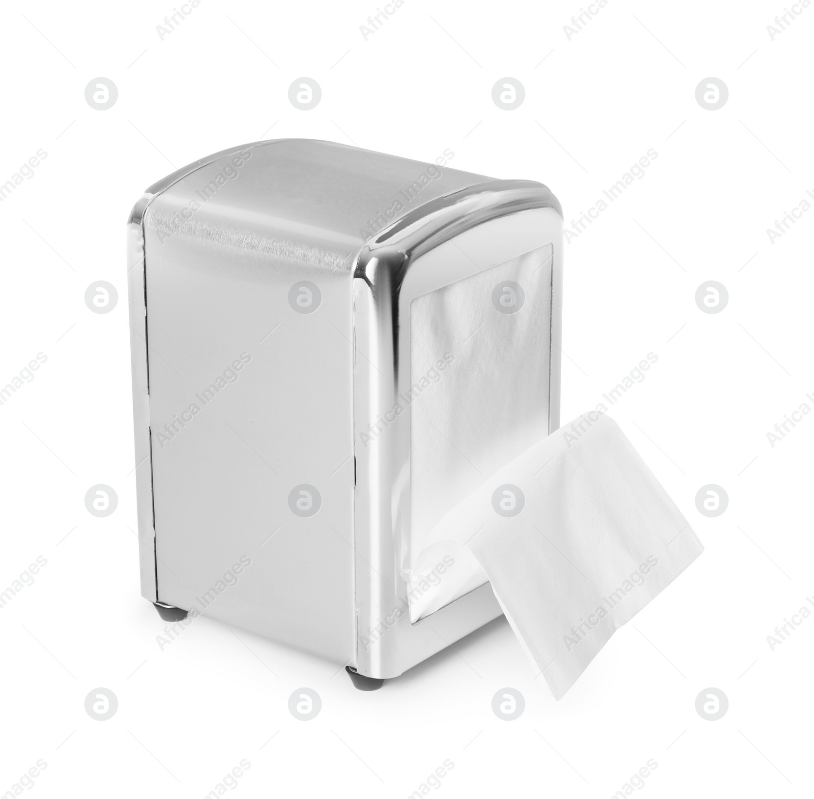 Photo of Metal holder with paper napkins on white background