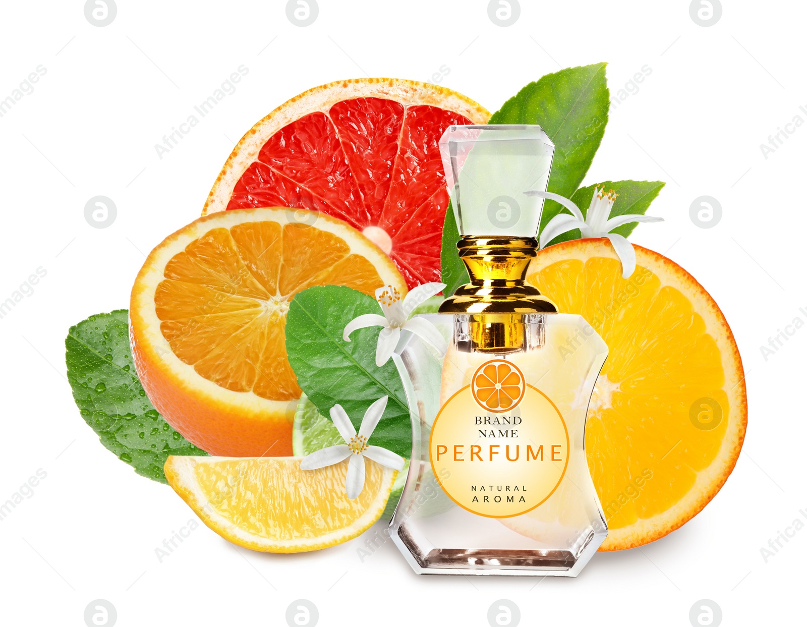 Image of Bottle of perfume with citrus scent on white background