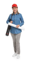 Photo of Architect in hard hat with draft and tube on white background