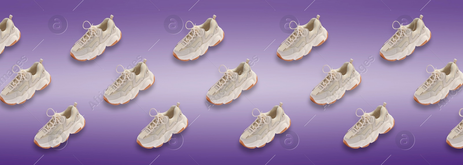 Image of Collage of stylish sneakers on purple background. Banner design