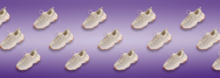 Image of Collage of stylish sneakers on purple background. Banner design