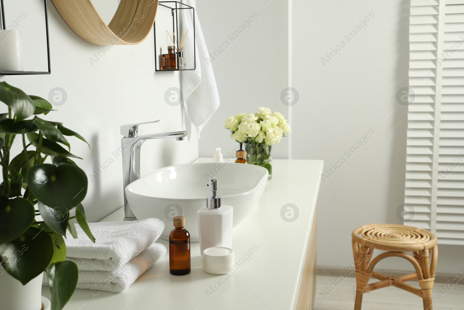 Photo of Houseplant, bath accessories, sink and roses in bathroom