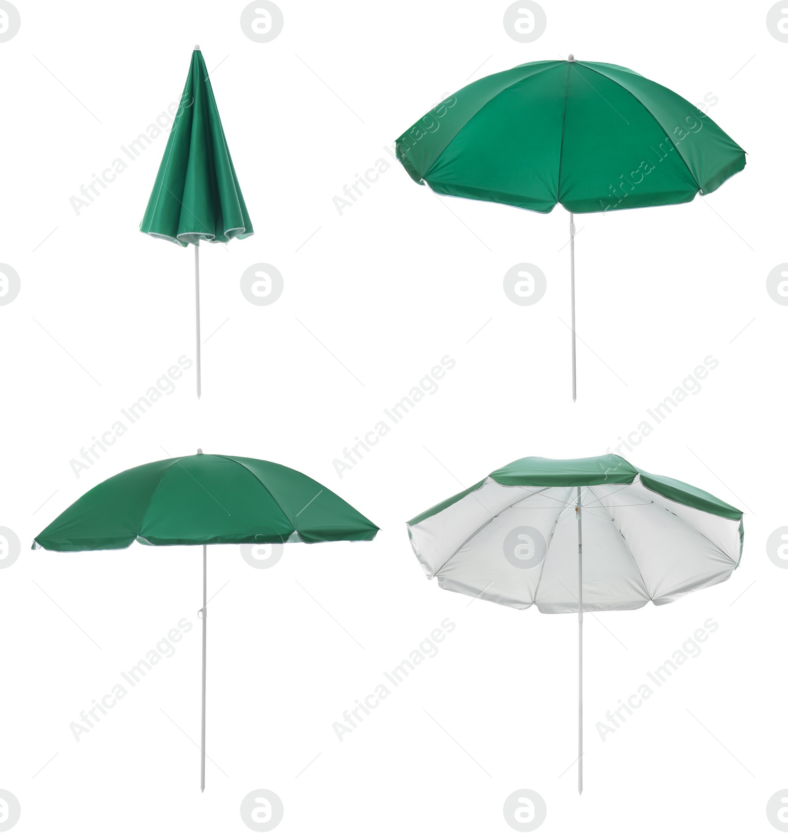 Image of Set with green beach umbrellas on white background