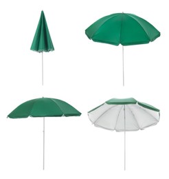 Image of Set with green beach umbrellas on white background