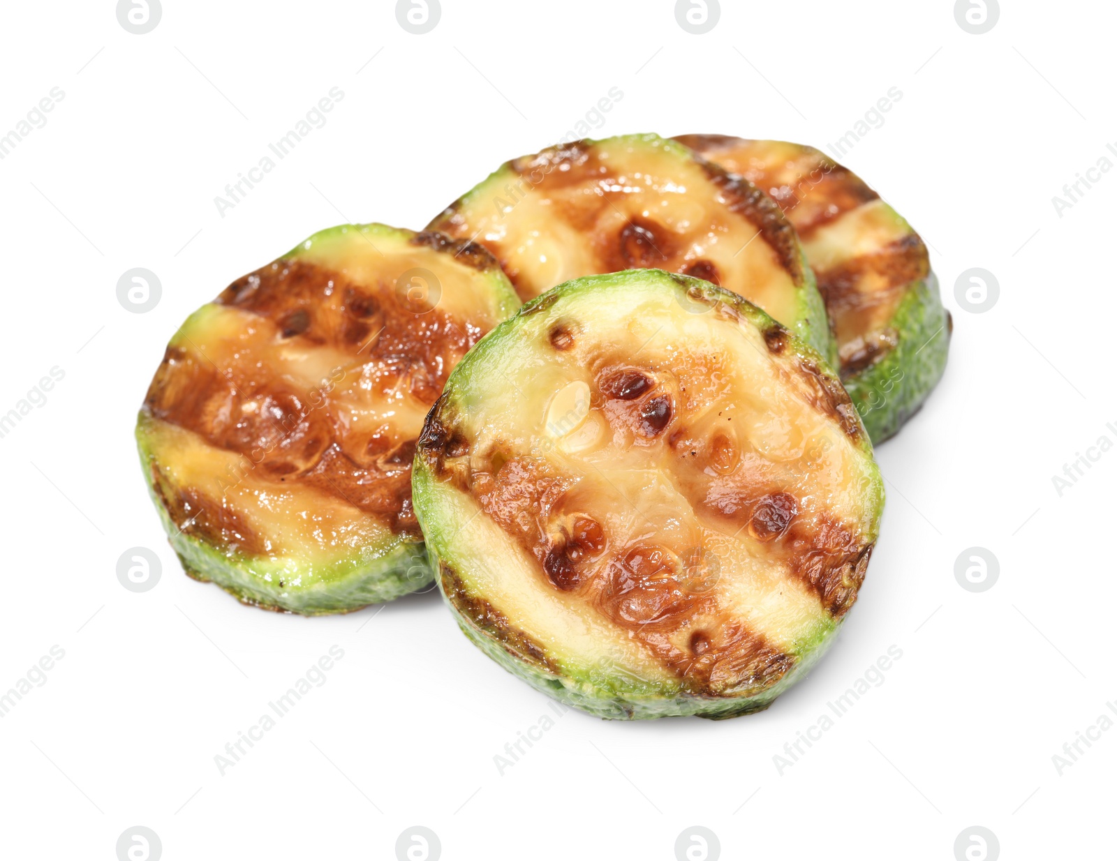 Photo of Slices of delicious grilled zucchini isolated on white