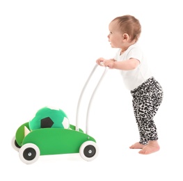 Photo of Cute baby with toy walker on white background