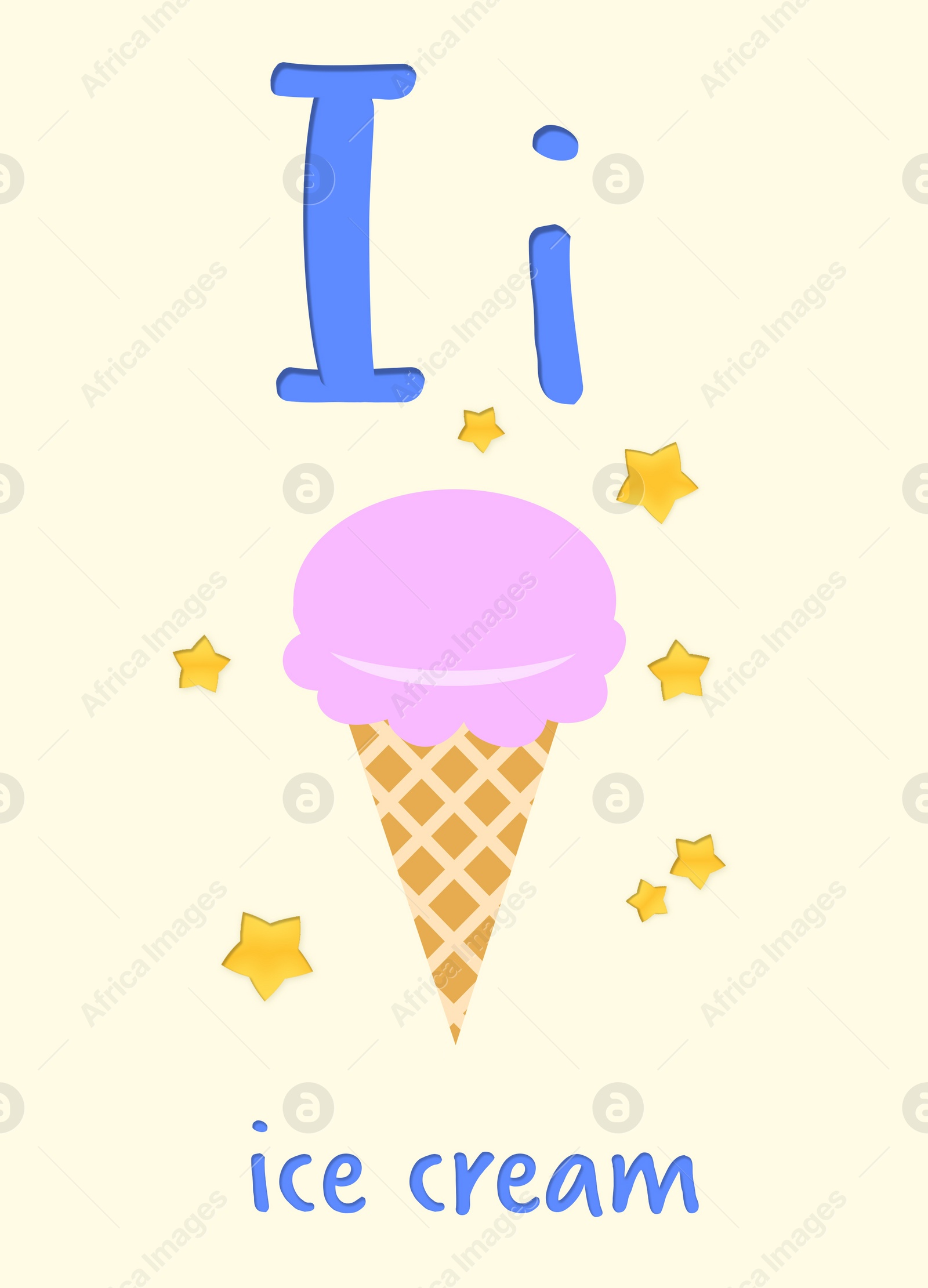 Illustration of Learning English alphabet. Card with letter I and ice cream, illustration