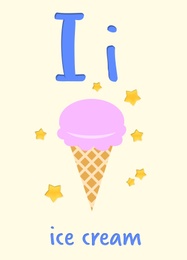 Learning English alphabet. Card with letter I and ice cream, illustration