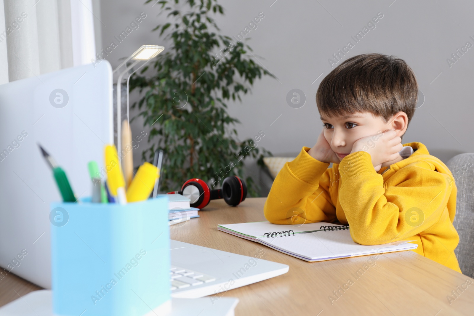 Photo of Cute little boy with modern laptop studying online at home. E-learning