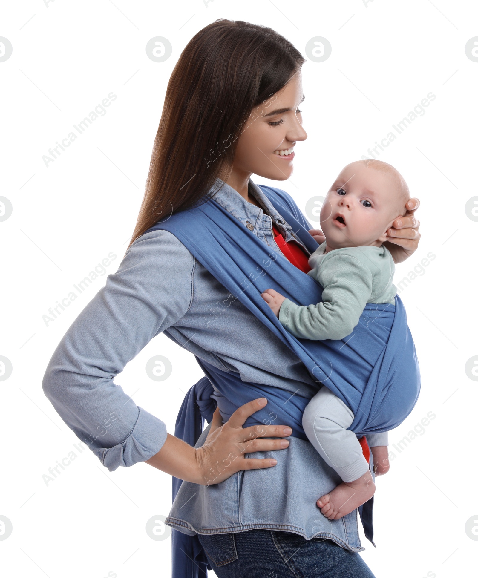 Photo of Mother holding her child in sling (baby carrier) on white background