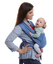 Photo of Mother holding her child in sling (baby carrier) on white background