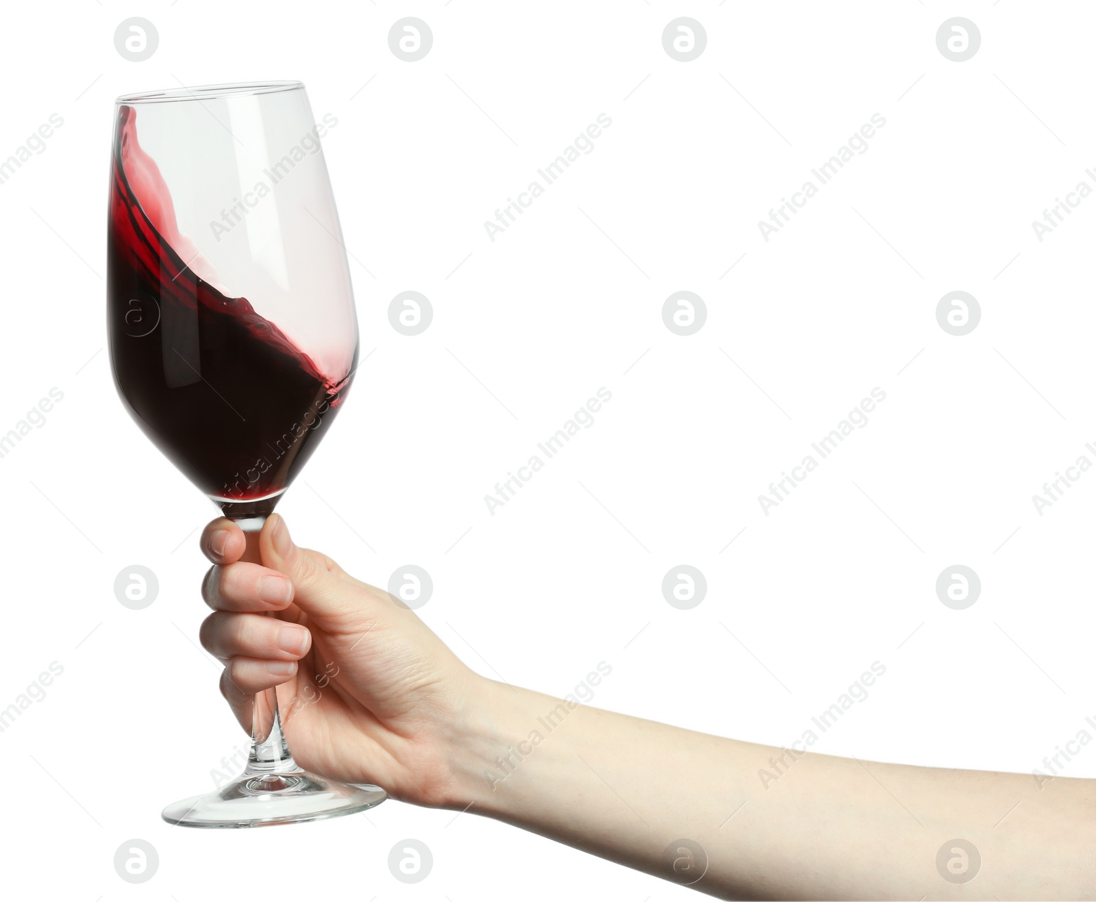 Photo of Woman with glass of wine isolated on white, closeup