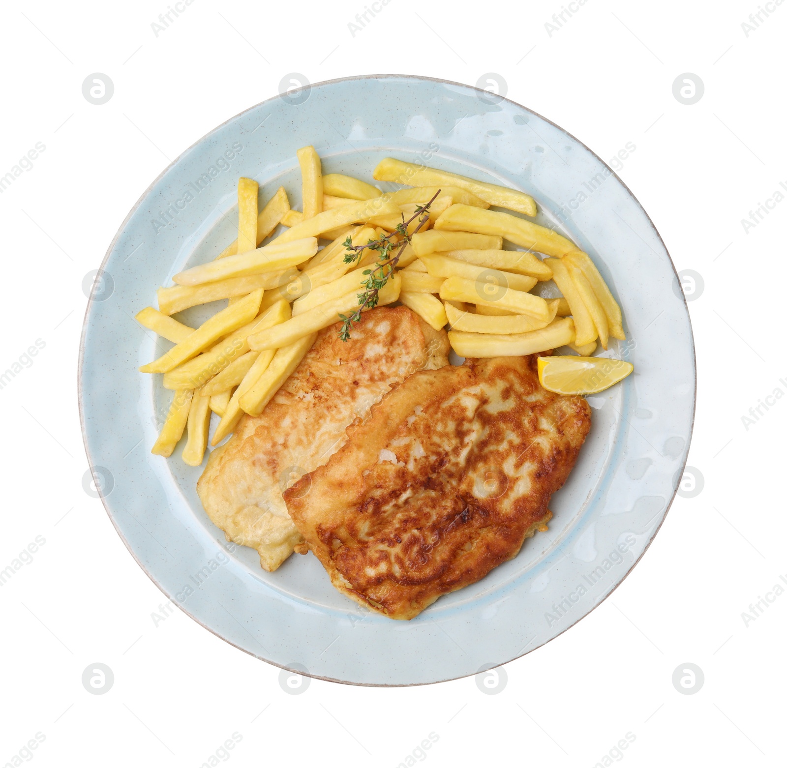 Photo of Tasty fish in soda water batter, potato chips and lemon slice isolated on white, top view