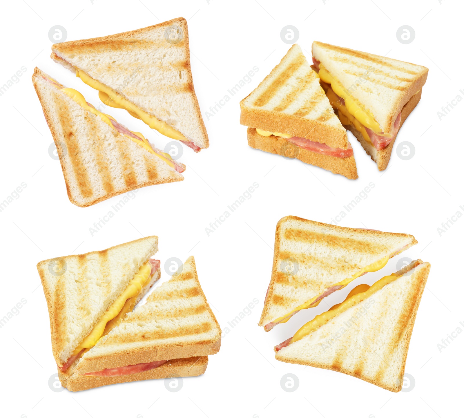 Image of Tasty grilled sandwich with ham and melted cheese isolated on white, different sides