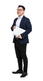 Photo of Businessman in suit with laptop on white background