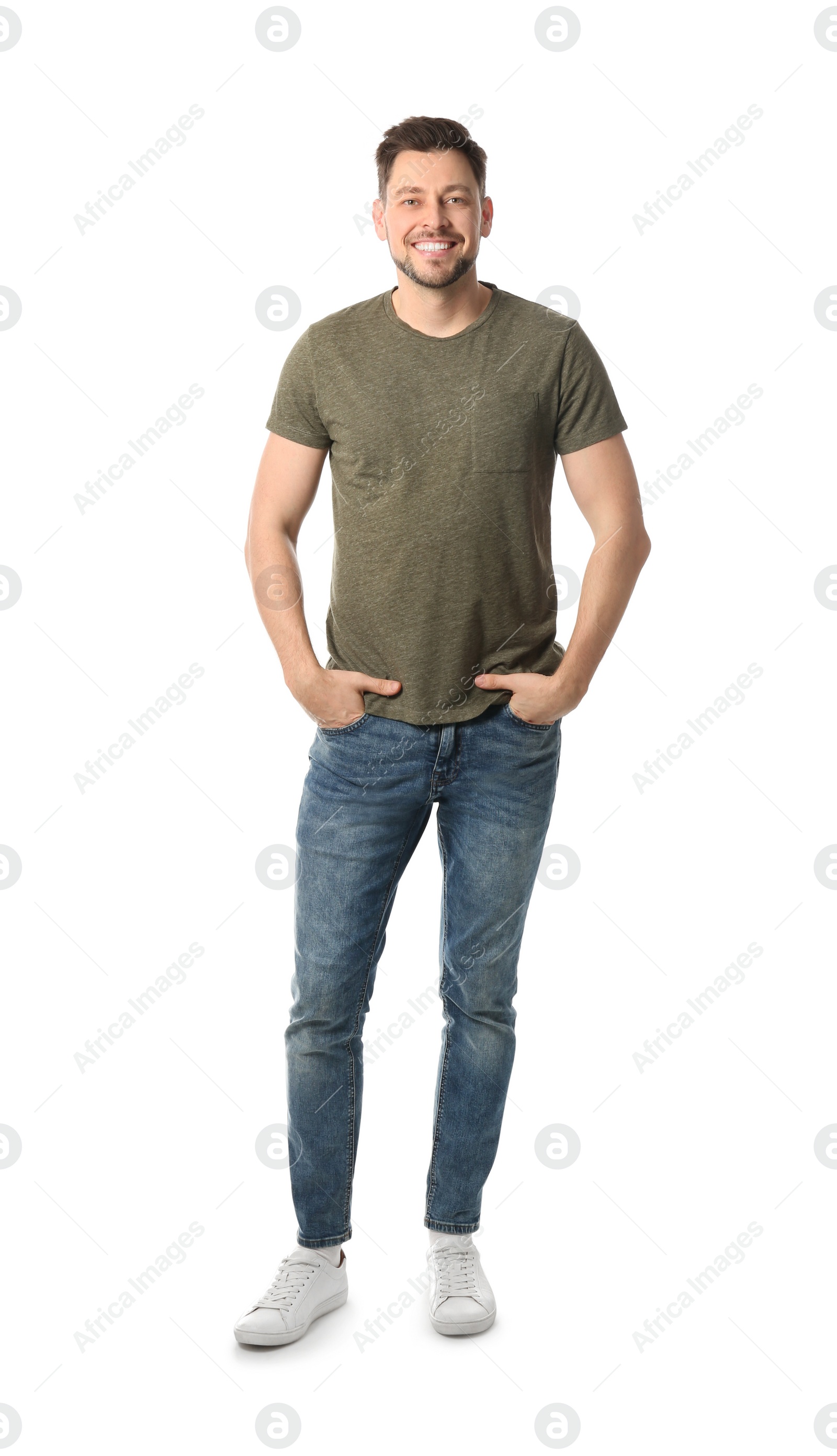 Photo of Full length portrait of handsome man posing on white background