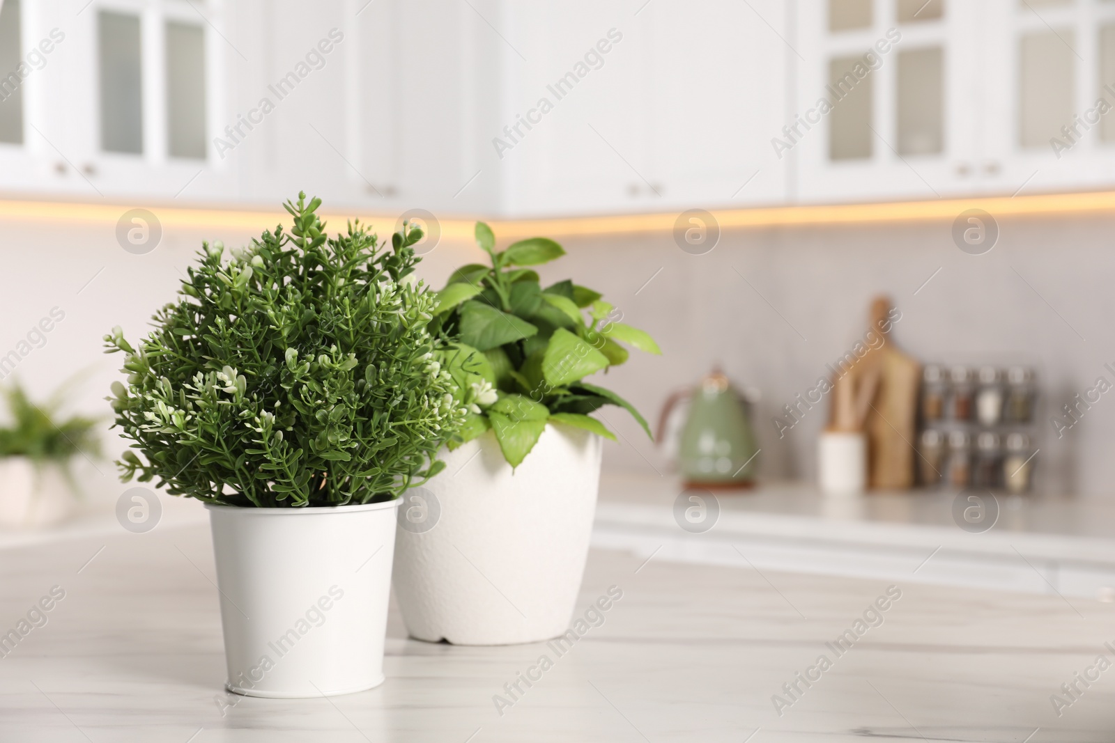 Photo of Artificial potted herbs on white marble table in kitchen, space for text. Home decor