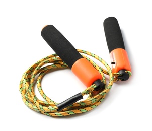 Photo of Jump rope on white background. Sports equipment