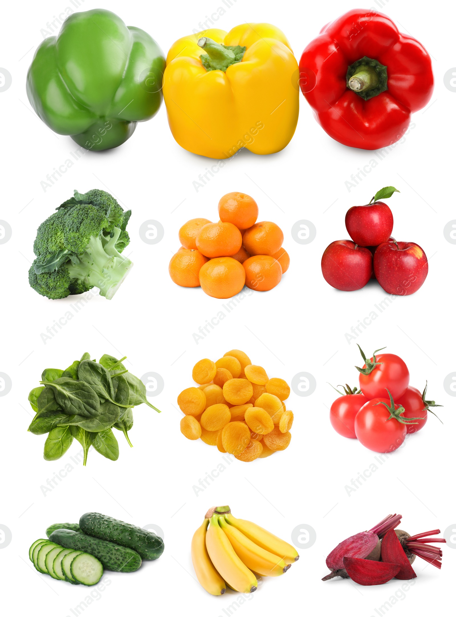 Image of Foods for healthy digestion, collage. Broccoli, bell peppers, cucumbers, spinach, tangerines, dried apricots, bananas, apples, tomatoes and beets on white background