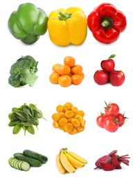 Image of Foods for healthy digestion, collage. Broccoli, bell peppers, cucumbers, spinach, tangerines, dried apricots, bananas, apples, tomatoes and beets on white background