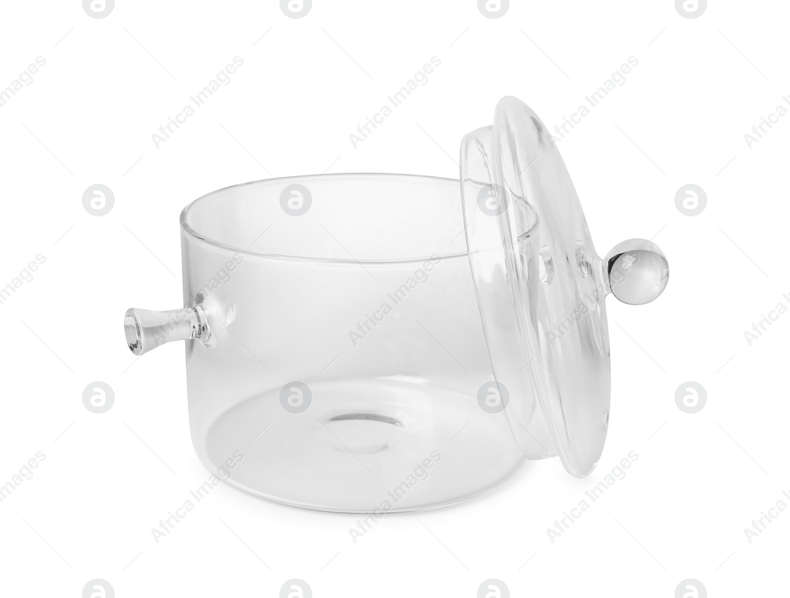 Photo of One glass pot with lid isolated on white