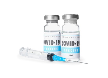 Photo of Vials with vaccine against coronavirus and syringe on white background