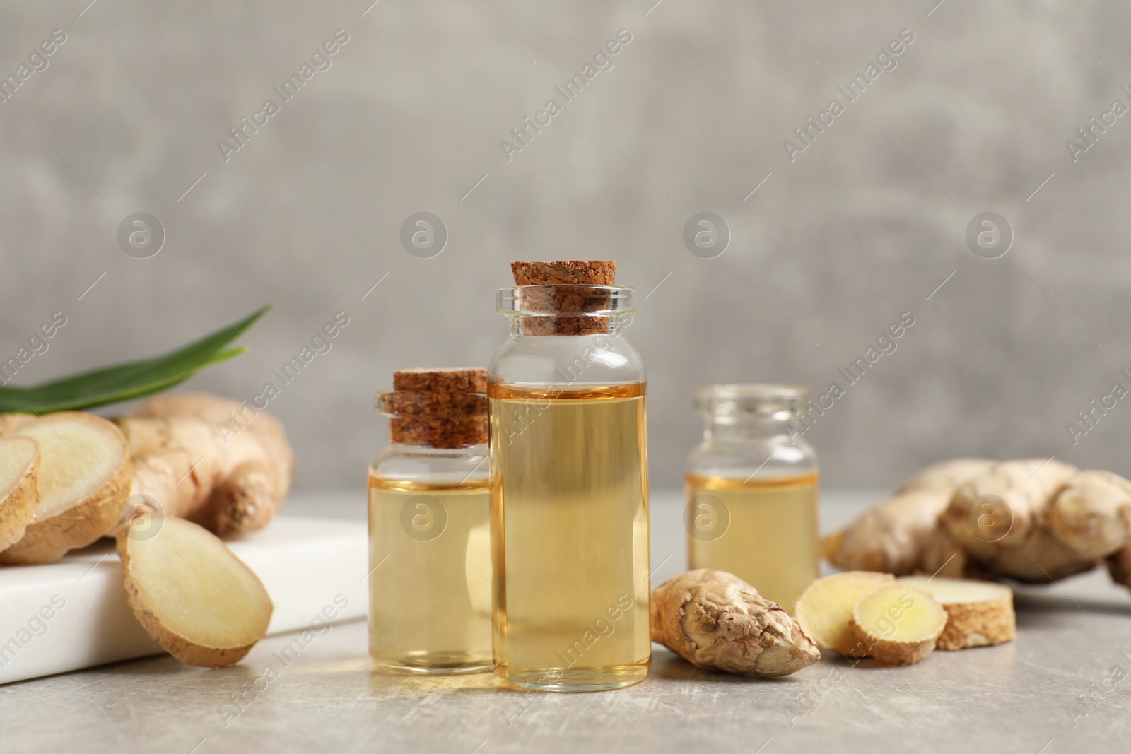 Photo of Ginger essential oil in bottles on light grey marble table