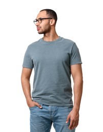 Photo of Man wearing stylish t-shirt on white background